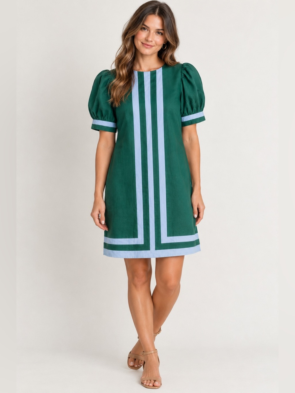 Entro Mod Shift Dress Retro Blue Green Color Blocking Linen Puff Sleeve S